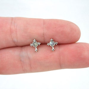 Cross Earrings in Sterling Silver, Labradorite Cross Earrings, Religious Earrings, Silver Cross Studs, Baptism Jewelry, Dainty Studs