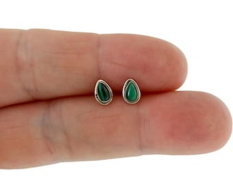 Tiny Teardrop Malachite Sterling Silver Earrings, Malachite Silver Studs, Tiny Malachite Earrings,  Southwest Earrings, Boho Earrings