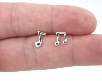 Music Note Earrings in Sterling Silver,Music Note Sterling Silver Earrings, Music Earrings, Tiny Earrings, Mismatched Studs