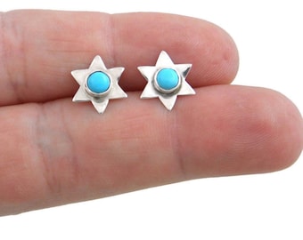 Orecchini A Cerchio In Argento Sterling 925 Con Turchese Blu - Design A Stella Vuota Geometrica - Gioielli Donna Con Fibbia, Regalo Ideale - 2