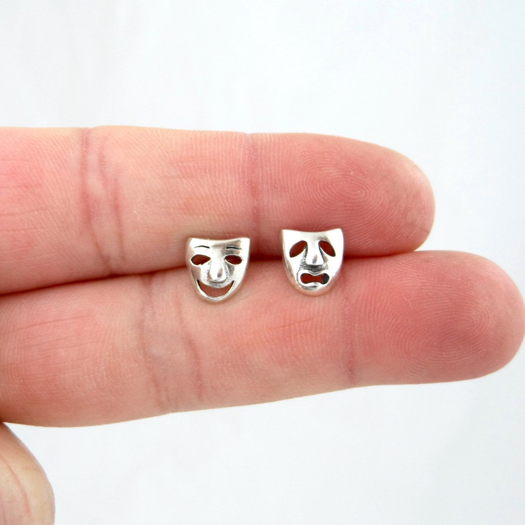 Theatre Mask Earrings in Sterling Silver, Comedy Tragedy Earrings, Mask