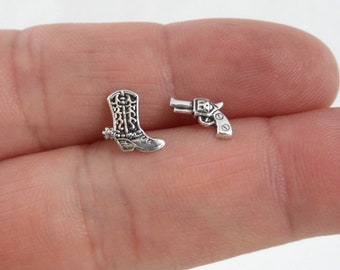 Tiny Boot & Revolver Earrings in Sterling Silver, Boot Earrings, Gun Studs, Western Earrings, Mismatched Earrings, Western Jewelry