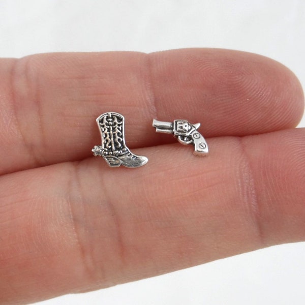 Tiny Boot & Revolver Earrings in Sterling Silver, Boot Earrings, Gun Studs, Western Earrings, Mismatched Earrings, Western Jewelry