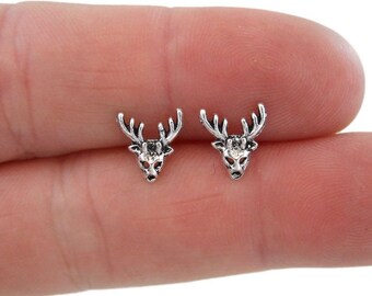 Deer Skull Earrings in Sterling Silver, Antler Earrings, Viking Earrings, Skull Earrings, Sterling Earrings, Tiny Silver Earrings,Deer Studs