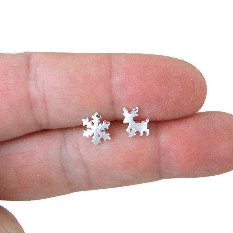 Cute Silver Mini Reindeer Christmas Earrings Set