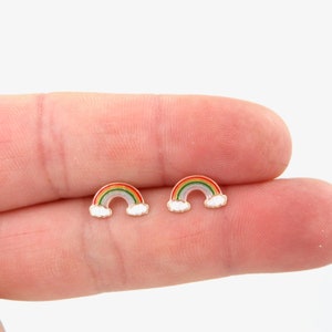 Rainbow Stud Earrings in Sterling Silver, Rainbow and Cloud Earrings, Rainbow Studs, Tiny Studs, Cartilage Studs, Dainty Earrings,Rose Gold