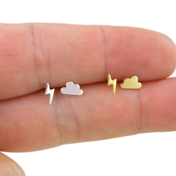 Lightning Bolt & Cloud Earrings in Sterling Silver, Lightning Bolt Sterling Silver Earrings, Cloud Earrings, Tiny Earrings, Mismatched Studs