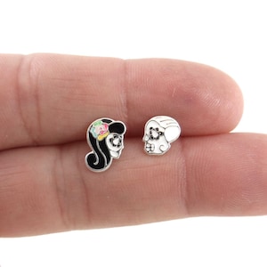 Pendientes del día de los muertos en plata de ley, pendientes de cráneo, pendientes de cráneo de azúcar, pendientes no coincidentes, dia de los Muertos, pendientes de ley