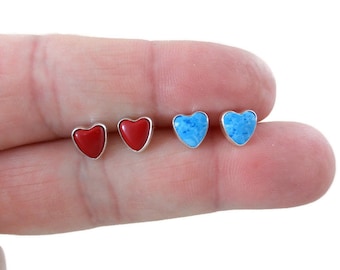 Heart Earrings in Sterling Silver, Red Heart Earrings, Blue Heart Earrings, Heart Studs, Dainty Earrings,Gift for Her, Valentines Day