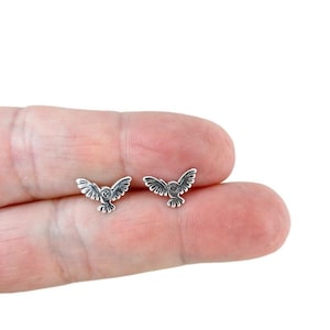 May include: A pair of small, silver-colored owl stud earrings. Each earring features a detailed owl design with outstretched wings. The owls are depicted in a stylized, minimalist fashion, perfect for everyday wear.