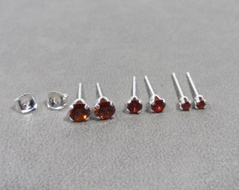 Garnet Sterling Silver Stud Earrings, Garnet Studs, January Birthstone, 2mm Studs, 3mm Studs, 4mm Studs, Gemstone Earrings