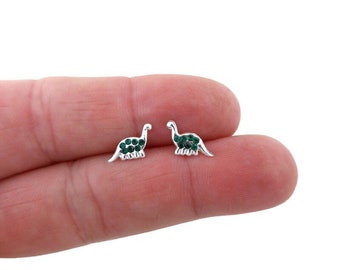 Green Dinosaur Earrings in Sterling Silver,Dinosaur Earrings, Brontosaurus Earrings, Dino Earrings, Dinosaur Jewelry, Animal Earrings