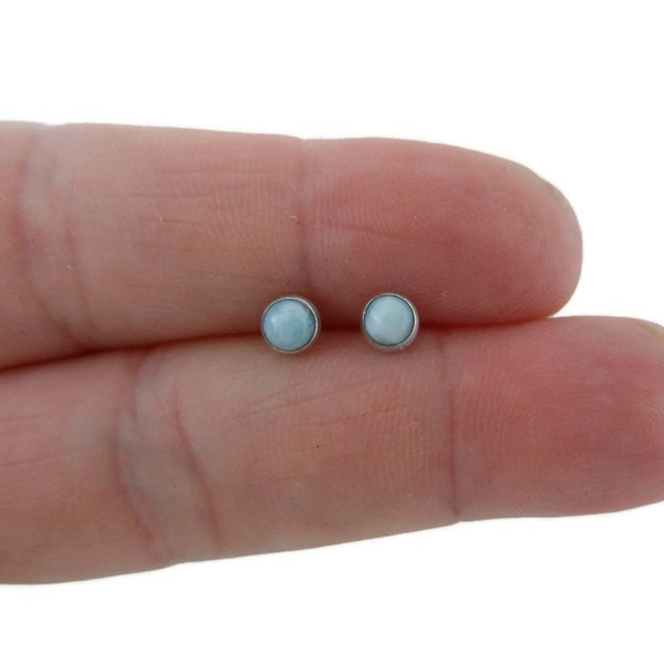 Tiny Larimar Sterling Silver Earrings, Larimar Silver Studs, 4mm Larimar Earrings, Tiny Studs, Larimar Jewelry, Boho Earrings