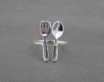 Fork & Spoon Ring in Sterling Silver, Fork Silver Ring, Cutlery Ring, Spoon Ring, Chef Jewelry, Delicate Jewelry, Gift for Her, Chef Gift