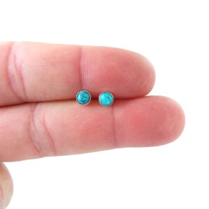 May include: A pair of small, round turquoise stud earrings with silver settings.