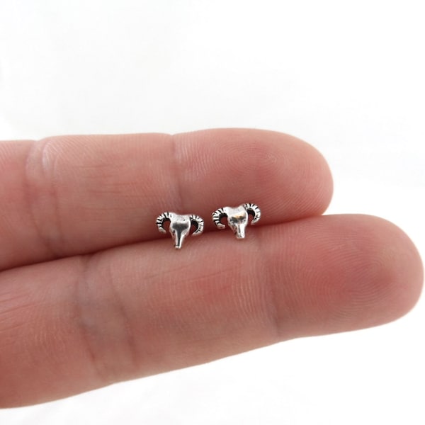 Ram Earrings in Sterling Silver, Ram Studs, Kids Earring, Animal Studs, Aries Earrings,  Minimalist Earring, Dainty Earrings, Zodiac Sign