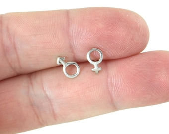 ¡OFERTA! Pendientes de símbolo masculino femenino en plata de ley, Pendientes de género, Pendientes no coincidentes, Pendientes de botón de género, Pendientes pequeños, Pendientes de plata de ley
