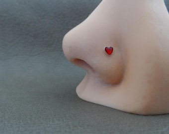 Red Heart Nose Stud in Sterling Silver, Heart Nose Stud, Tiny Heart Jewelry, Silver Nose Stud, Tiny Nose Stud, Body Piercing
