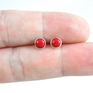 Coral Stud Earrings in Sterling Silver, Coral Red Earrings, 5mm Earrings, Minimalist Earrings, Dainty Earrings, Red Stone Studs, Tiny Studs