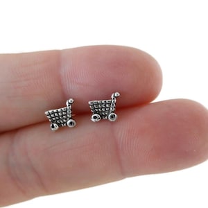 Tiny Shopping Cart Earrings in Sterling Silver,Shopping Cart Studs, Grocery Jewelry, Grocer Jewelry, Shopping Jewelry,Tiny Earrings