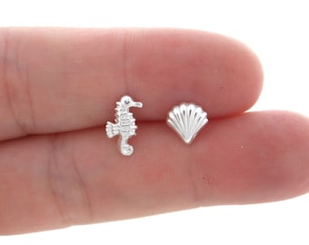 SALE! Seahorse & Shell Earrings in Sterling Silver, Seahorse Earrings, Ocean Earrings, Beach Earrings, Mismatched Studs