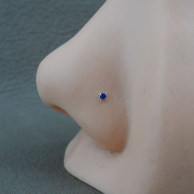 Op de afbeelding: Een close-up van een zilveren neuspiercing met een kleine, donkerblauwe edelsteen.