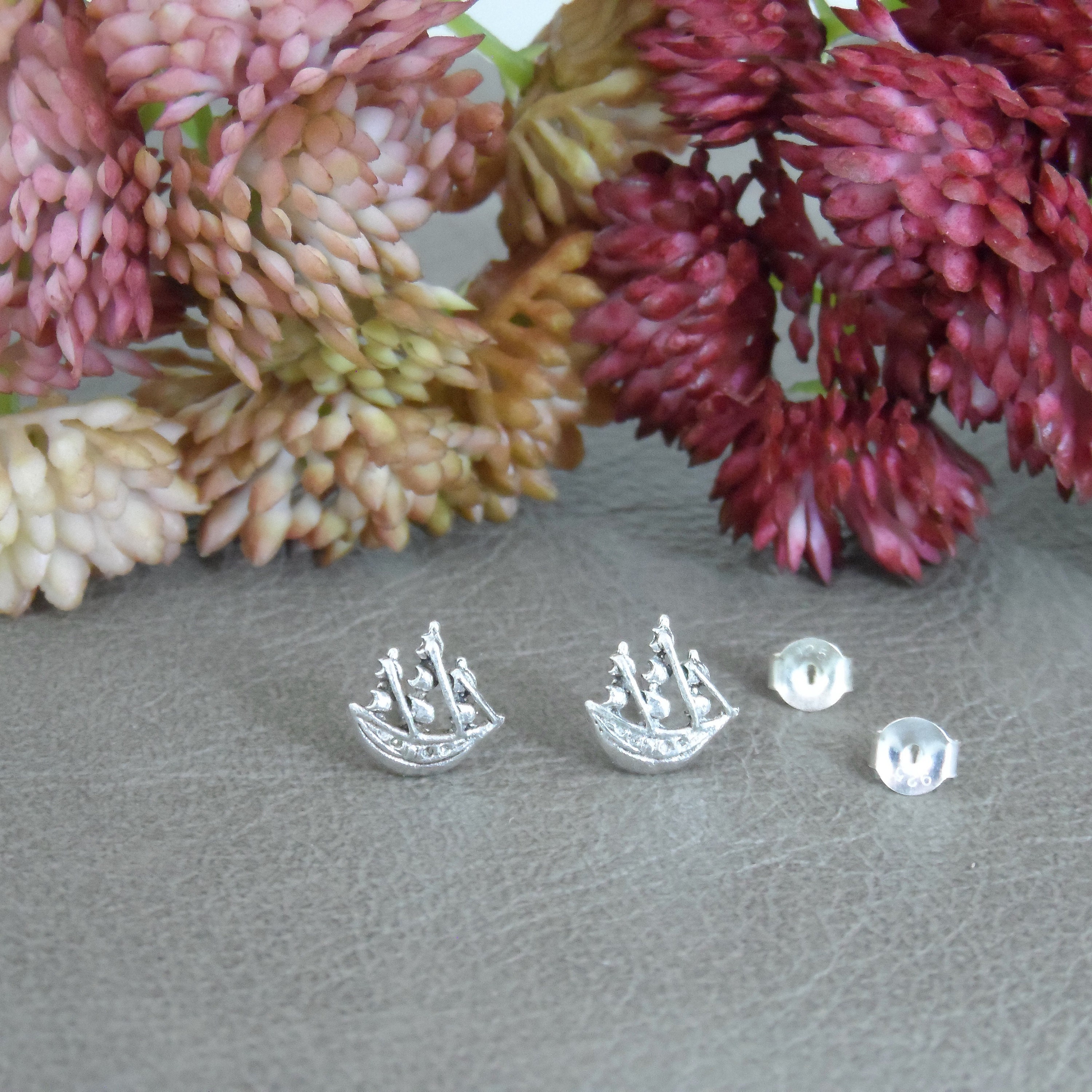 Pirate Ship Earrings in Sterling Silver Viking Ship Studs Ocean