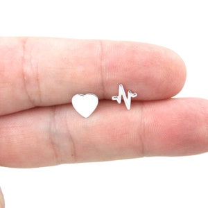 Heart & Heartbeat Earrings in Sterling Silver, Heart Earrings, Heartbeat Earrings, Nurse Gift, Mismatched Earrings, Graduation Gift, EKG