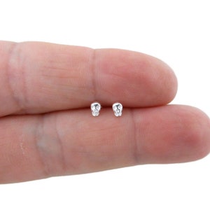 May include: A pair of small silver skull stud earrings. The earrings are shown on a finger.