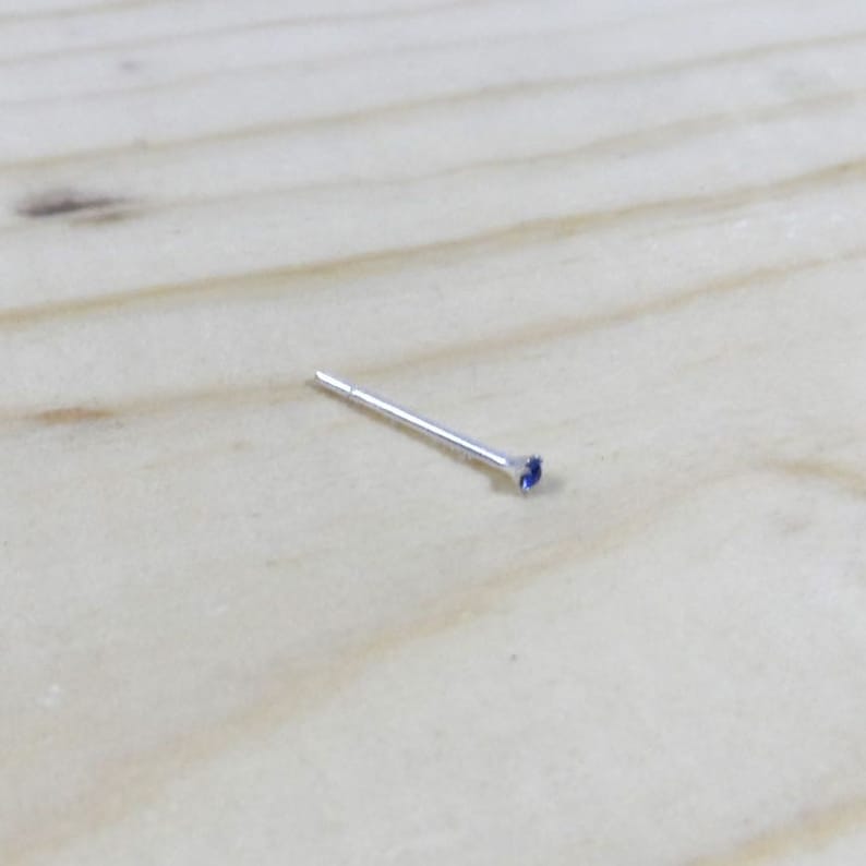 Op de afbeelding: Een zilveren neuspiercing met een kleine blauwe edelsteen.