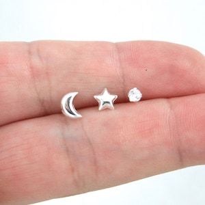 3 SINGLE Star & Moon Studs in Sterling Silver, Star Earrings, Moon Earrings, Mismatched Earrings, Sterling Silver Studs, Multiple Piercing