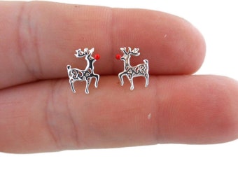 925 Sterling Silver Pin Earrings Christmas Reindeer Deer Crystal Studs Gift UK
