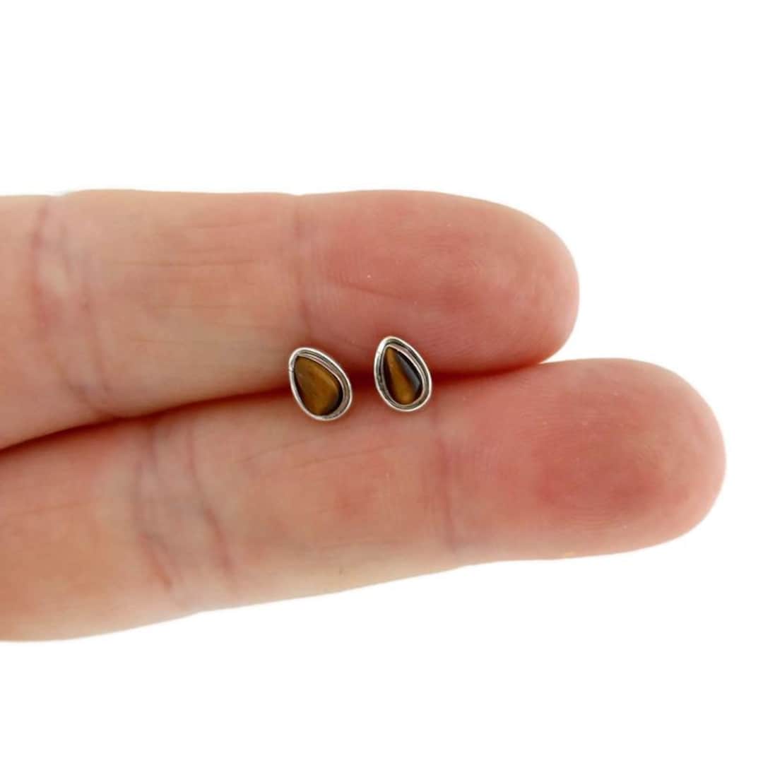 Tiny Teardrop Tigers Eye Sterling Silver Earrings, Tigers Eye Silver