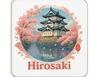 Può includere: Un sottobicchiere quadrato con un'illustrazione ad acquerello del castello di Hirosaki in Giappone, circondato da fiori di ciliegio rosa. Il castello ha una facciata bianca e tetti verde acqua, con la parola "Hirosaki" in rosso in basso.