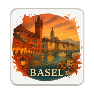 Peut inclure: Un dessous de verre carré avec une illustration à l'aquarelle de Bâle, en Suisse, représentant une rivière, des bâtiments et un coucher de soleil. Le mot "BASEL" est imprimé en or. Un masque et un bretzel sont également présents.