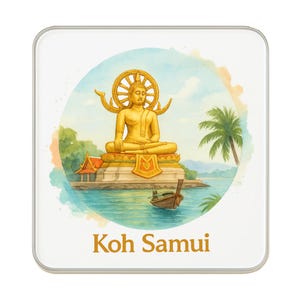 Könnte beinhalten: Quadratischer Untersetzer mit einer goldenen Buddha-Statue in einer Aquarellszene. Das Bild zeigt ein Boot, Palmen und den Text "Koh Samui" in goldener Schrift. Der Untersetzer hat einen weißen Hintergrund und einen silbernen Rand.