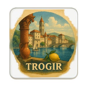 Puede incluir: Posavasos cuadrado con una ilustración en acuarela de Trogir, Croacia. La imagen incluye un paisaje urbano con una iglesia, un puente y un velero, con un limón en primer plano. La palabra "TROGIR" está impresa en una fuente serif.