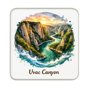 May include: A square coaster featuring a watercolour-style illustration of the Uvac Canyon with a winding river, steep rocky cliffs, and green vegetation under a sunset sky. The text Uvac Canyon is printed in brown at the bottom of the coaster.