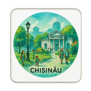 May include: A square coaster with a watercolour illustration of a park scene in Chisinau, with the text "CHISINĂU" at the bottom. The image includes a building labelled "MUZEU A.S. PUSKIN", trees, and people walking.