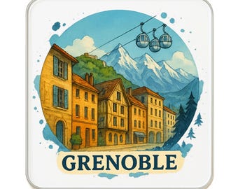 May include: Square coaster featuring a watercolor illustration of Grenoble, France. The design includes yellow buildings, cable cars, and snow-capped mountains. The word "GRENOBLE" is printed in a bold font at the bottom of the coaster.