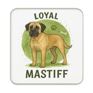 Op de afbeelding: Vierkante onderzetter met een Mastiff-hondenillustratie. De hond is bruin met een zwarte snuit en oren, tegen een groene aquarelachtergrond met een voetafdruk en bot. De woorden "LOYAL" en "MASTIFF" zijn afgedrukt.