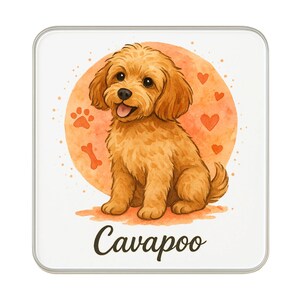 May include: Square coaster with a watercolour illustration of a Cavapoo dog. The dog is light brown and smiling, set against an orange circle with paw prints, hearts, and a bone. The word "Cavapoo" is written below the image.