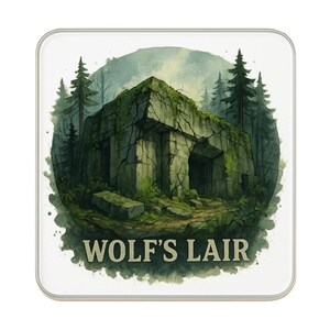 May include: Square coaster featuring a watercolor illustration of a moss-covered stone structure with an arched entrance, surrounded by tall pine trees. The text "WOLF'S LAIR" is printed in a serif font at the bottom of the image.