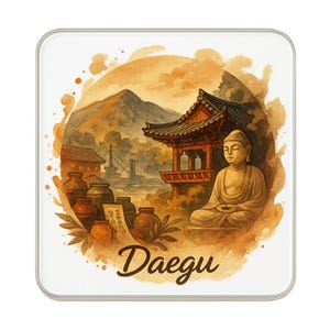 May include: Square coaster featuring a watercolor illustration of a seated Buddha, a traditional Korean pagoda, and the word "Daegu". The artwork is in shades of orange, brown, and gray.