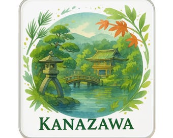 Può includere: Sottobicchiere quadrato con un'illustrazione ad acquerello di un giardino giapponese con una pagoda, un ponte e una lanterna di pietra. Il design è incorniciato da un fogliame verde e la parola "KANAZAWA" in lettere verdi.