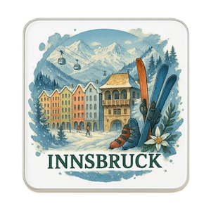 May include: Square coaster featuring a watercolor illustration of Innsbruck, Austria. The design includes colorful buildings, snow-covered mountains, ski equipment, and the text "INNSBRUCK" in green.