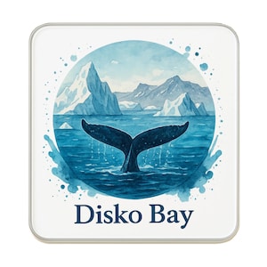 May include: Square coaster with a watercolour illustration of a whale's tail in blue water, with icebergs and mountains in the background. The text "Disko Bay" is at the bottom in navy blue. The design is surrounded by blue watercolour splashes.