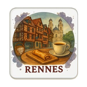 May include: Square coaster featuring a watercolor illustration of Rennes, France. The image includes a cityscape with buildings, a church, a cup of coffee, and a pastry. The word "RENNES" is printed in a brown font at the bottom of the coaster.