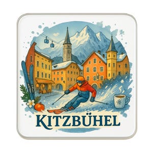 May include: Square coaster featuring a watercolor illustration of Kitzbühel, Austria. The design includes a skier, snow-covered mountains, and colorful buildings. The word "KITZBÜHEL" is printed in a navy blue font.