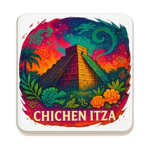 May include: Square coaster featuring a vibrant illustration of Chichen Itza, a Mayan pyramid. The design includes a colorful sky, green foliage, and the text "CHICHEN ITZA" in a bold font. The coaster has a white border.